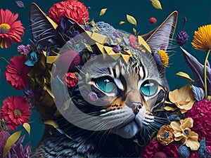 Cat in Beautiful Flowers. AI generated photo
