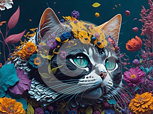 Cat in Beautiful Flowers. AI generated photo