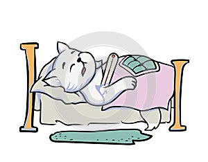 Cat in bed. Flat funny illustration.