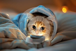 Cat in bed with smartphone at night. Funny pets, social media and Internet news addiction, screen time before sleeping concept,