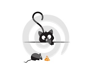 Cat behind wall and mice eating piece of cheese, funny illustration, vector, cartoon, children wall decals, kids wall artwork