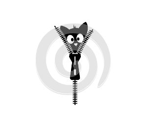 Cat behind zipper, vector. Fun illustration. Funny cartoon character. Cute little kitten silhouette isolated on white background