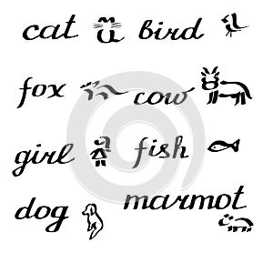 Cat bird cow fox girl fish dog marmot letters hand drawn