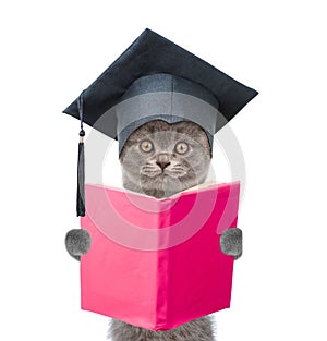 Cat with black graduation hat reading a book. isolated on white background