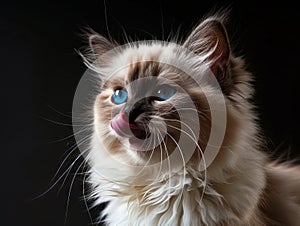 A cat with blue eyes is licking its tongue photo