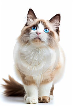 A cat with blue eyes looking up photo