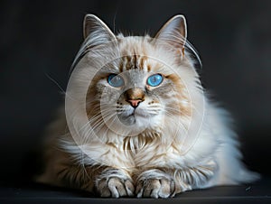 A cat with blue eyes sitting on a black background photo