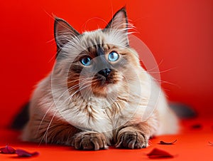 A cat with blue eyes sitting on a red background photo