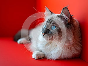 A cat with blue eyes is sitting on a red chair photo