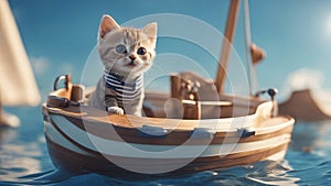 cat on the boat A brave little kitten with a soft, striped coat, sailing the calm sea waves in a sturdy little boat