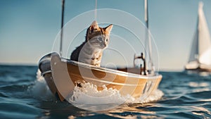 cat on the boat A brave little kitten with a soft, striped coat, sailing the calm sea waves in a sturdy little boat