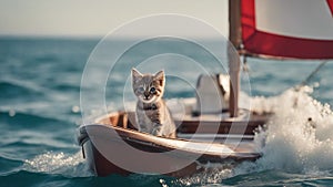 cat on a boat A brave little kitten with a soft, striped coat, sailing the calm sea waves in a sturdy little boat