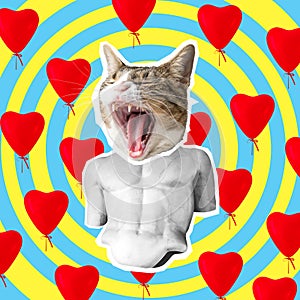 Cat and body of statue with red hearts collage, pop art concept design. Minimal love background
