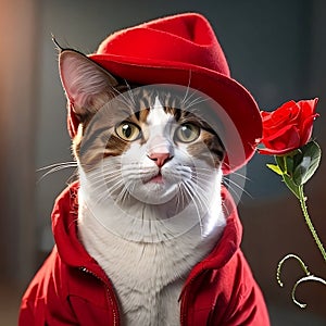 A cat in boots with a red hat, holding a flower in his hand