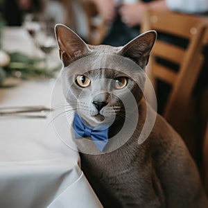 a cat in a bow tie at a wedding with flowers came to congratulate the bride and groom. A wedding ceremony