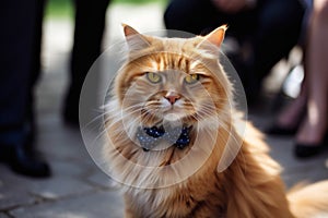 a cat in a bow tie at a wedding with flowers came to congratulate the bride and groom. A wedding ceremony