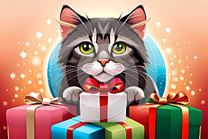 Cat with boxed Christmas gifts