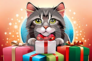Cat with boxed Christmas gifts photo