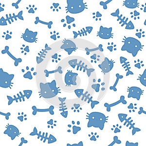 Cat boy pattern. Blue paw animal footprints and bones. Cat dog paws wallpaper, cute puppy pet cartoon vector seamless