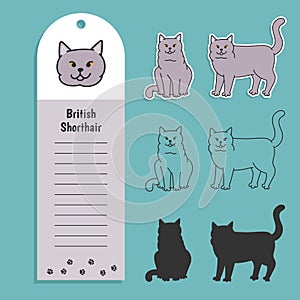 cat breed british shorthair. Set of stickers, silhouettes and contour line doodle vector illustrations pedigree pet