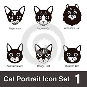 Cat breed face cartoon flat black icon series, vector illustration