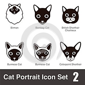 Cat breed face cartoon flat black icon series, vector illustration