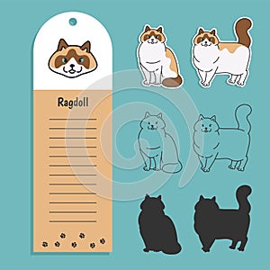 cat breed ragdoll. Set of stickers, silhouettes and contour line doodle vector illustrations pedigree pet. Design label