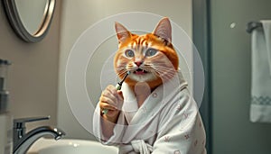 A cat is brushing its teeth in a bathroom