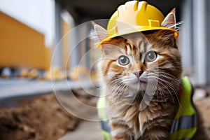 cat builder in yellow helmet and vest against construction site on the background