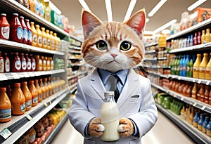 Cat in business suit holding milk bottle in grocery store. Generative AI