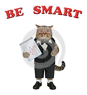 Cat businessman holds notepad with chart