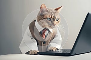 Cat businessman working with leptop in office. AI Generative