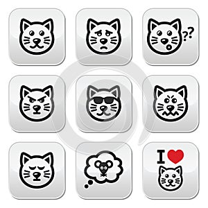 Cat buttons set - happy, sad, angry isolated on white