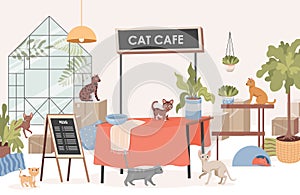 Cat cafe vector flat illustration. Pet cafe interior design with various cats. Small business concept.