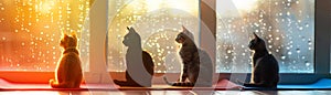 Cat cafe visits, cozy atmosphere, colorful and vibrant, Double exposure silhouette with coffee cups and cats photo