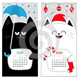 Cat calendar 2017. Cute funny cartoon character set. November December autumn winter month.