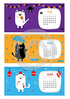 Cat calendar 2017 horizontal. Cute funny cartoon character set.