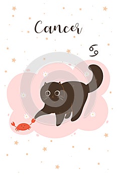 Cat cancer in cartoon style. Postcard with zodiac sign. Vector graphics