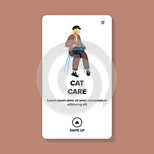 Cat Care And Love, Young Woman Caress Kitty Vector