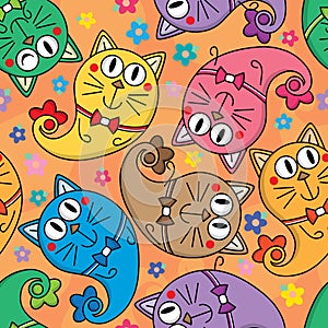 Cat cartoon paisley cute seamless pattern