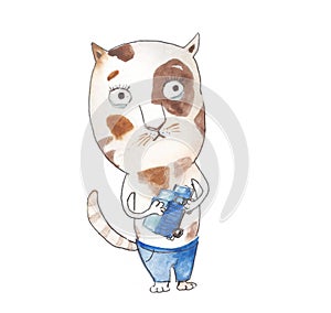 Cat. Cartoon picture with a cat in clothes and a toy. Bright watercolor illustration for children.