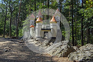 The Cat Castle romantic historic castle miniature with towers a children playground near village Slatinany in Czech republic