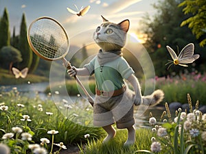 cat catches butterflies with a net
