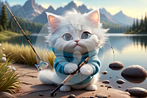 cat catches fish on a beautiful lake