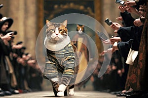 Cat on the catwalk posing a fashion model wearing exlusive dress illustration generative ai