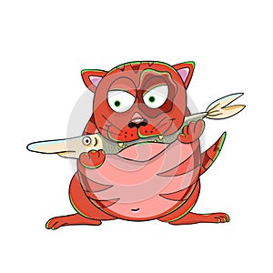 Cat caught and eats fish. Healthy lifestyle. Vector illustration