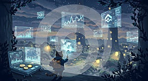 Fantasy Cat Explorer in a Digital Forest