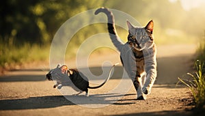 Cat chasing mouse outdoors on sunny day