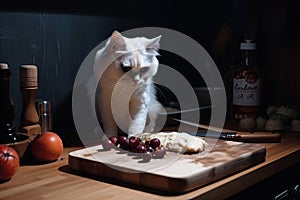 cat chef chopping ingredients for delicious meal with knife and board