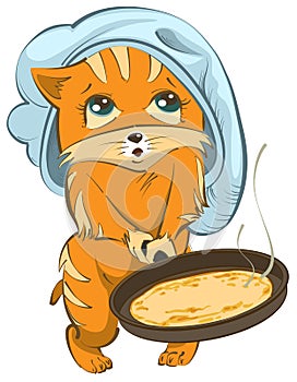 Cat chef cook fry pancakes in a frying pan. Russian holiday Shrovetide Forgiveness Sunday